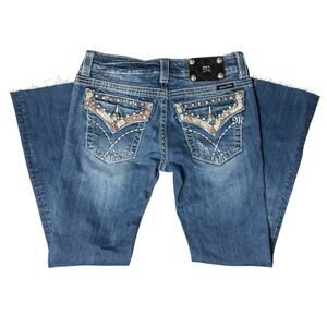 Miss Me straight cow print  flap rhinestone pocket jeans 27